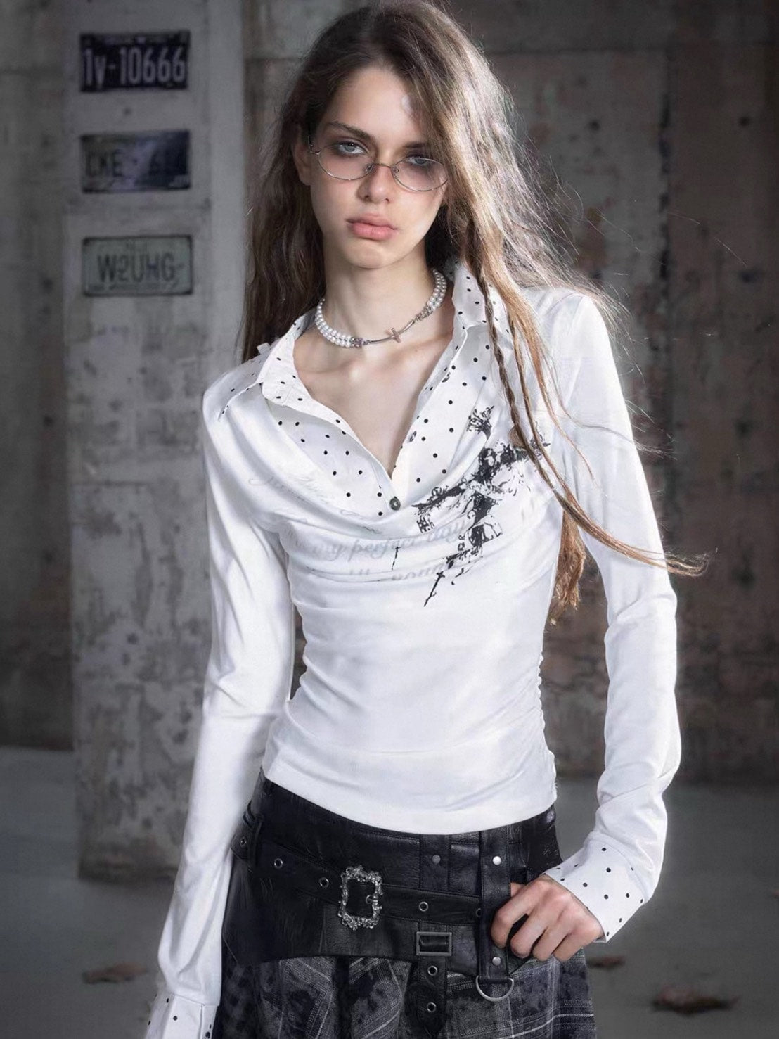 【Cest Nous】White Polka Dot Top / 【セヌー】レイヤードドットシャツ