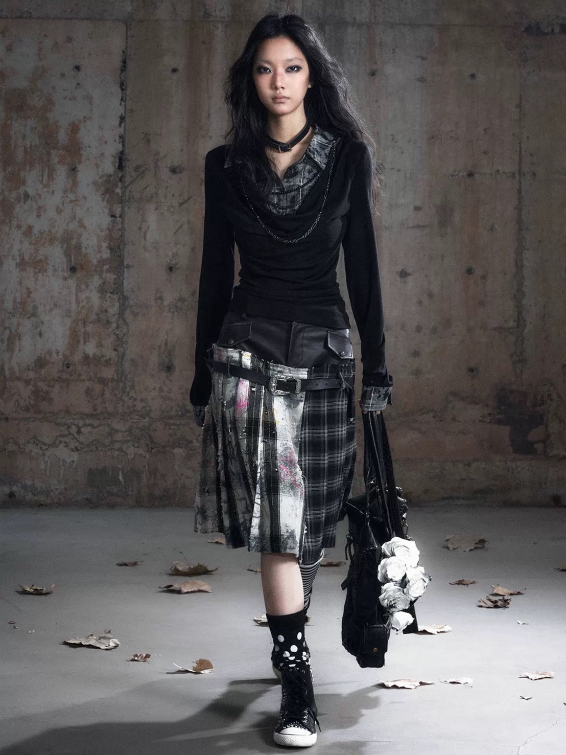 【Cest Nous】Plaid Pleated Skirt / 【セヌー】レイヤードデザインベルトプリーツスカート