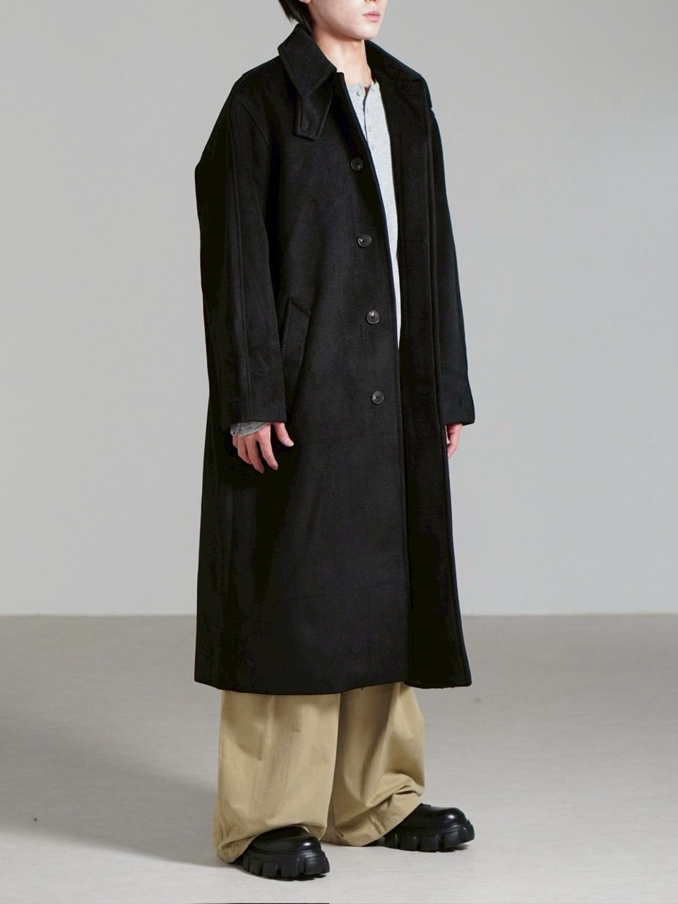受注制【Chikashitsu +】high neck wool blend long coat / 【チカシツプラス】ハイネックウールブレンドロングコート (2color)