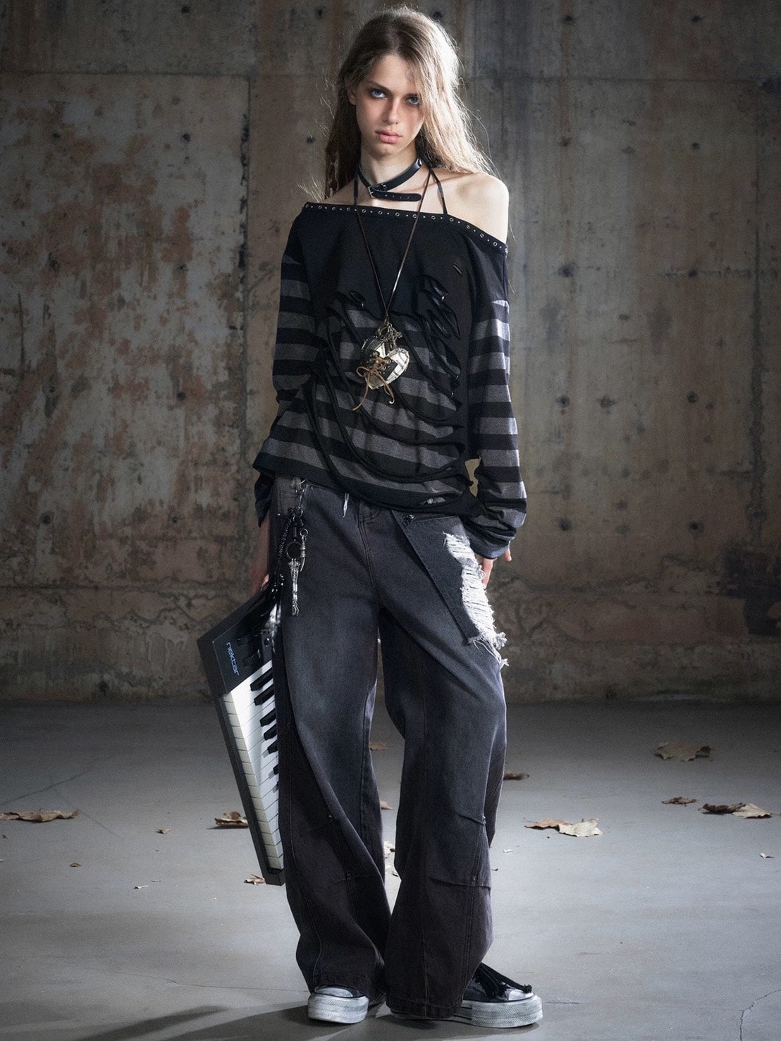 【Cest Nous】Black & Red Wide-Leg Pants / 【セヌー】ダブルウエストダメージデニムパンツ