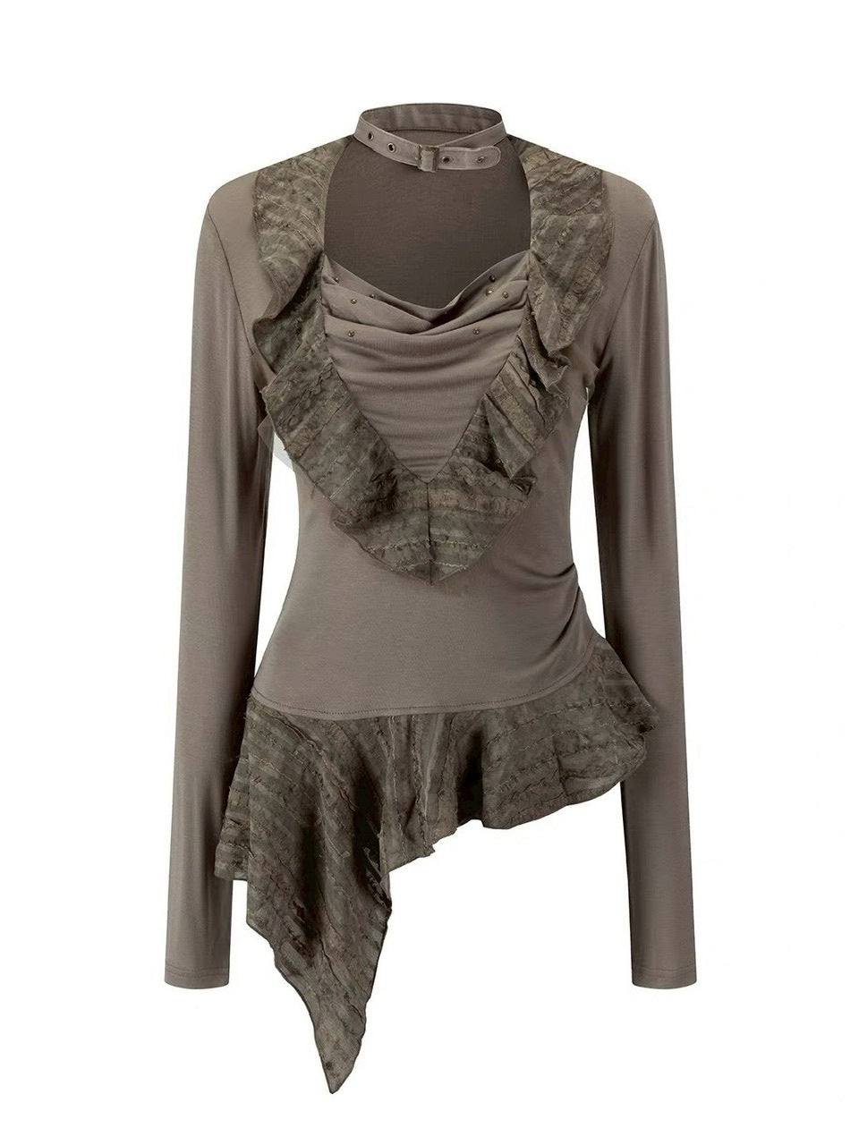 【Cest Nous】Ruffle hem top / 【セヌー】チョーカー付きアシンメトリーフリルトップス