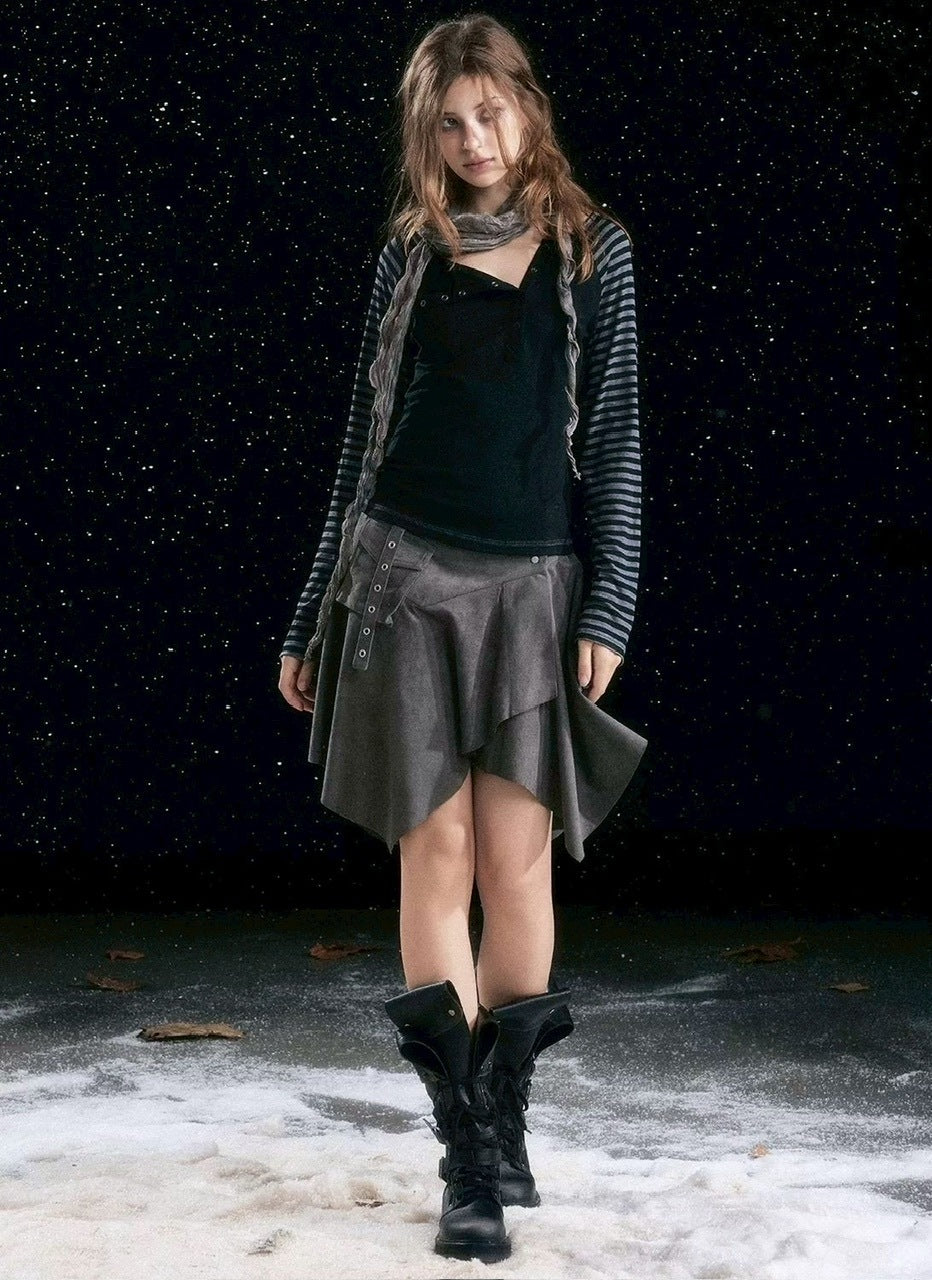 【Cest Nous】Asymmetric henley neck top / 【セヌー】ボーダースリーブ長袖Ｔシャツ