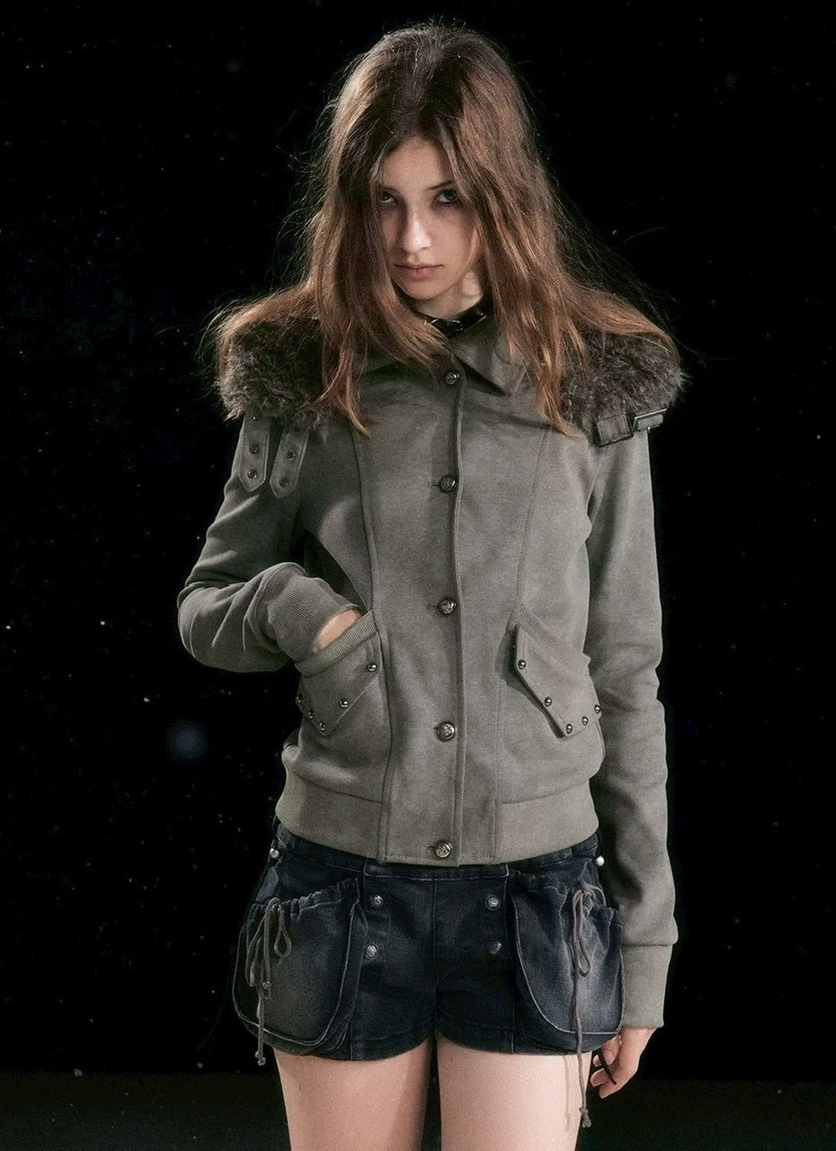 【Cest Nous】Fur-hooded button jacket / 【セヌー】ファーフードボタンジャケット