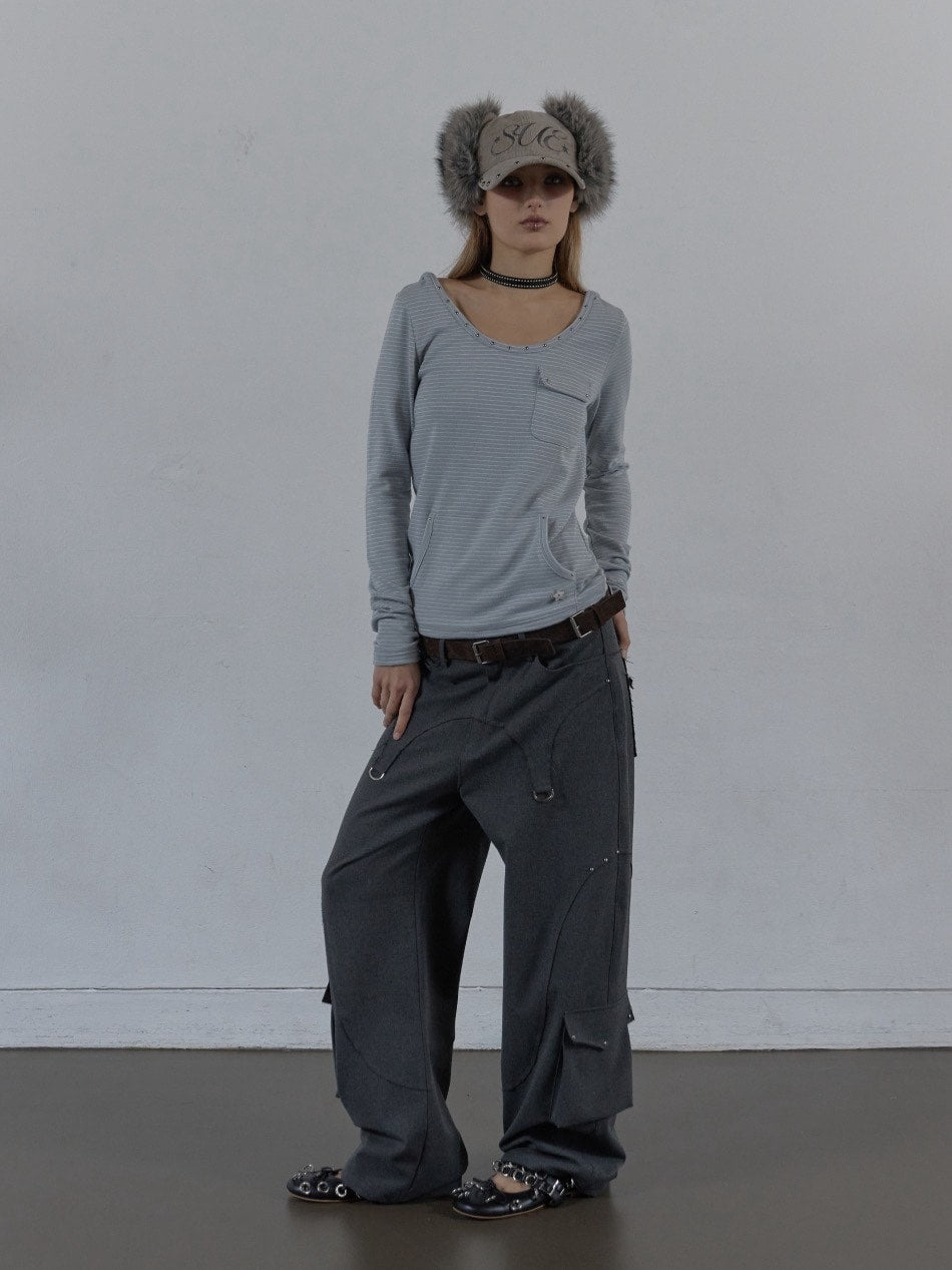 【SETUP‐EXE】SOFT STRIPE HOODIE TOP / 【セットアップエグゼ】ボーダーフード長袖Tシャツ