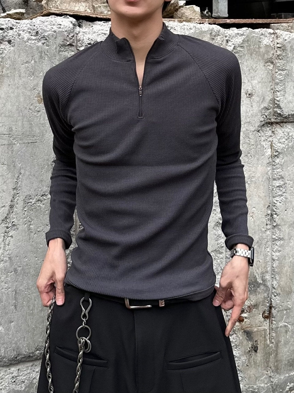 大阪店WEB限定受注制【Chikashitsu＋】mockneck zip long sleeve / 【チカシツプラス】モックネックジップ長袖Tシャツ (3color)