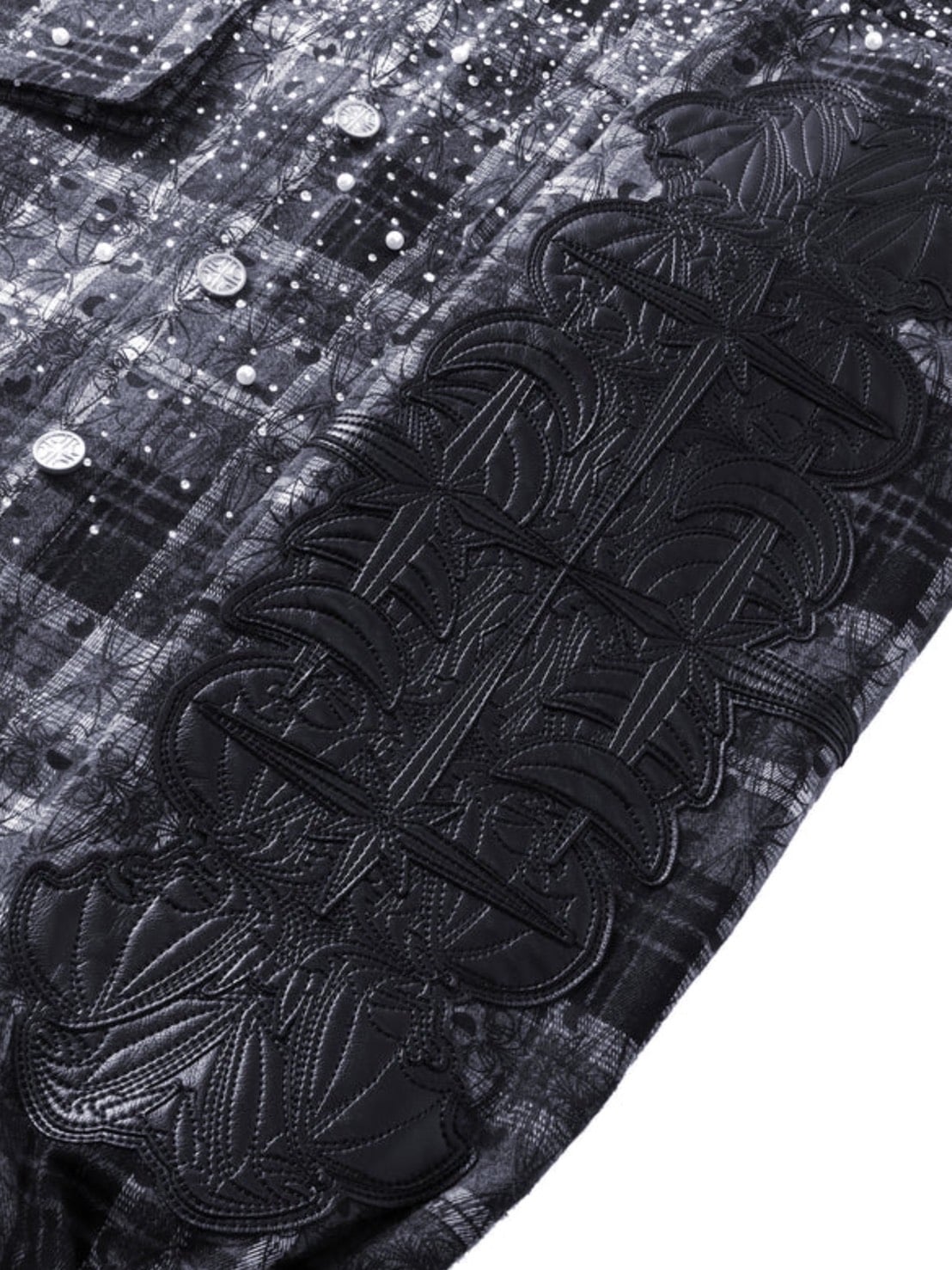 【The Boy Has No Patience】TBHNP LUMINOUS DAWN RHINESTONE PEARL BAT PATTERN L-S SHIRT / 【ザボーイハズノーペーシェンス】ラインストーンチェックシャツ