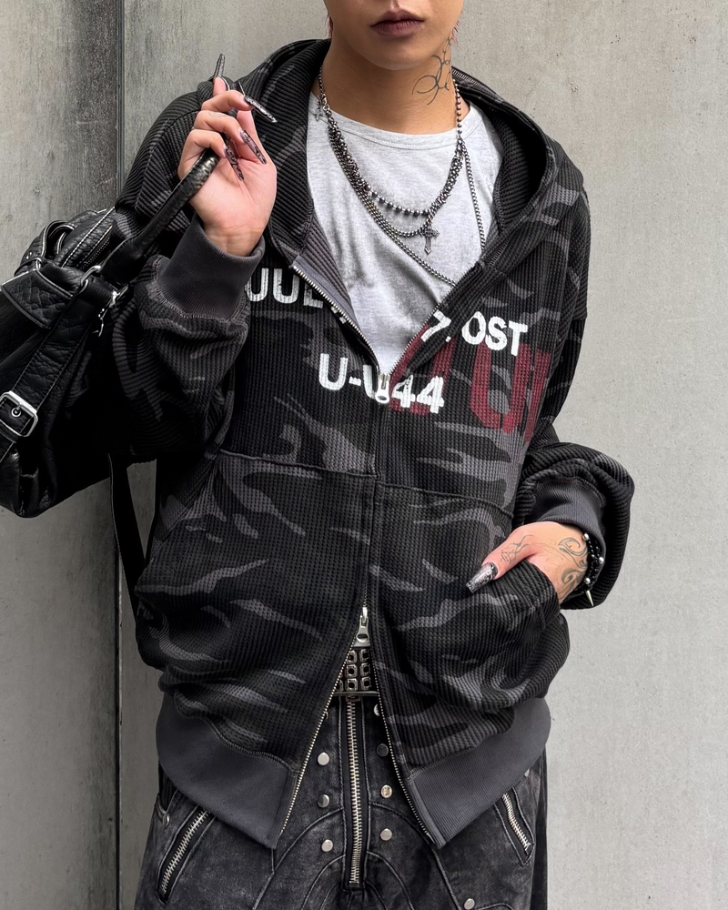 受注制【Never mind the XU】MILITARY CAMO THERMAL ZIP HOODIE (2color)