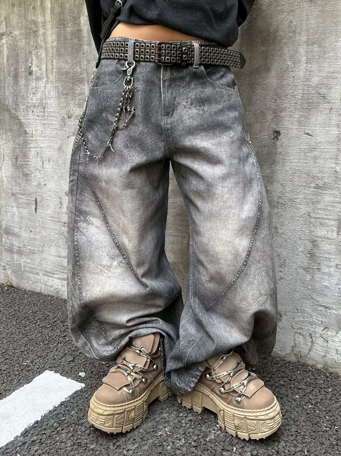 国際配送【Never mind the XU】3D print curve denim pants