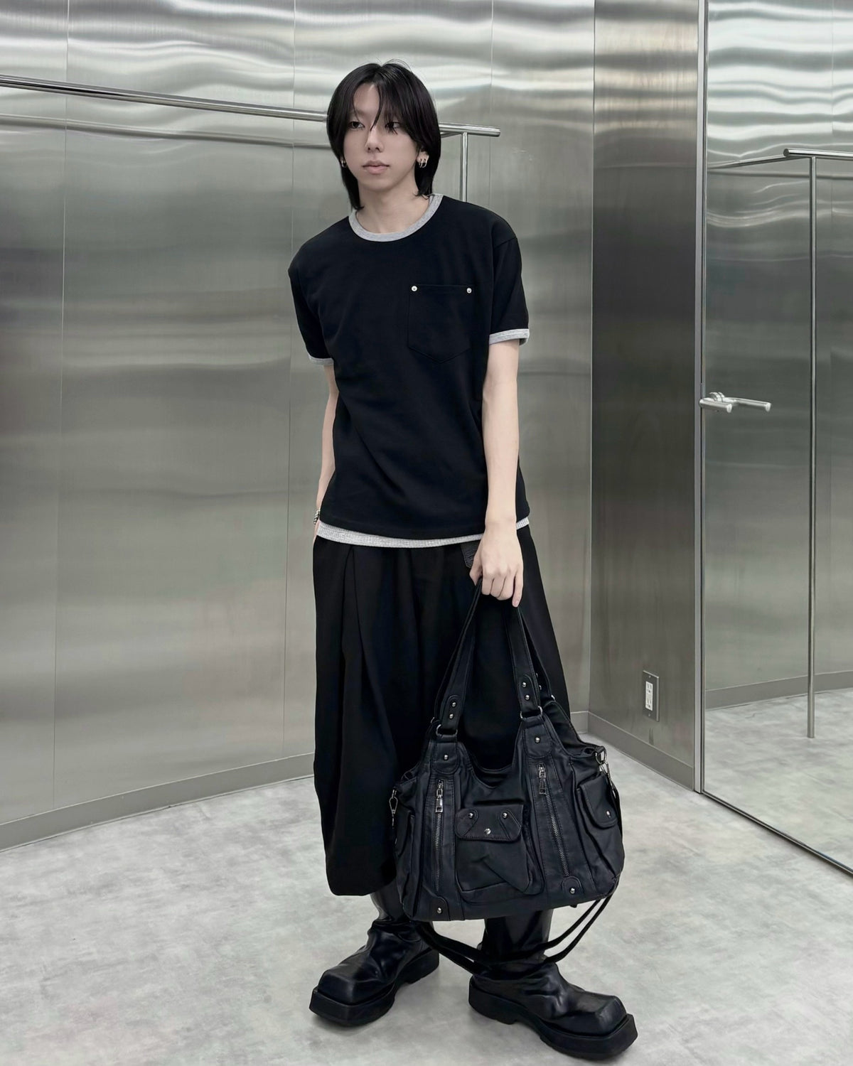 受注制【nmtc+】Washed Rivet Pocket Crop Slim Fit Tee (2color)