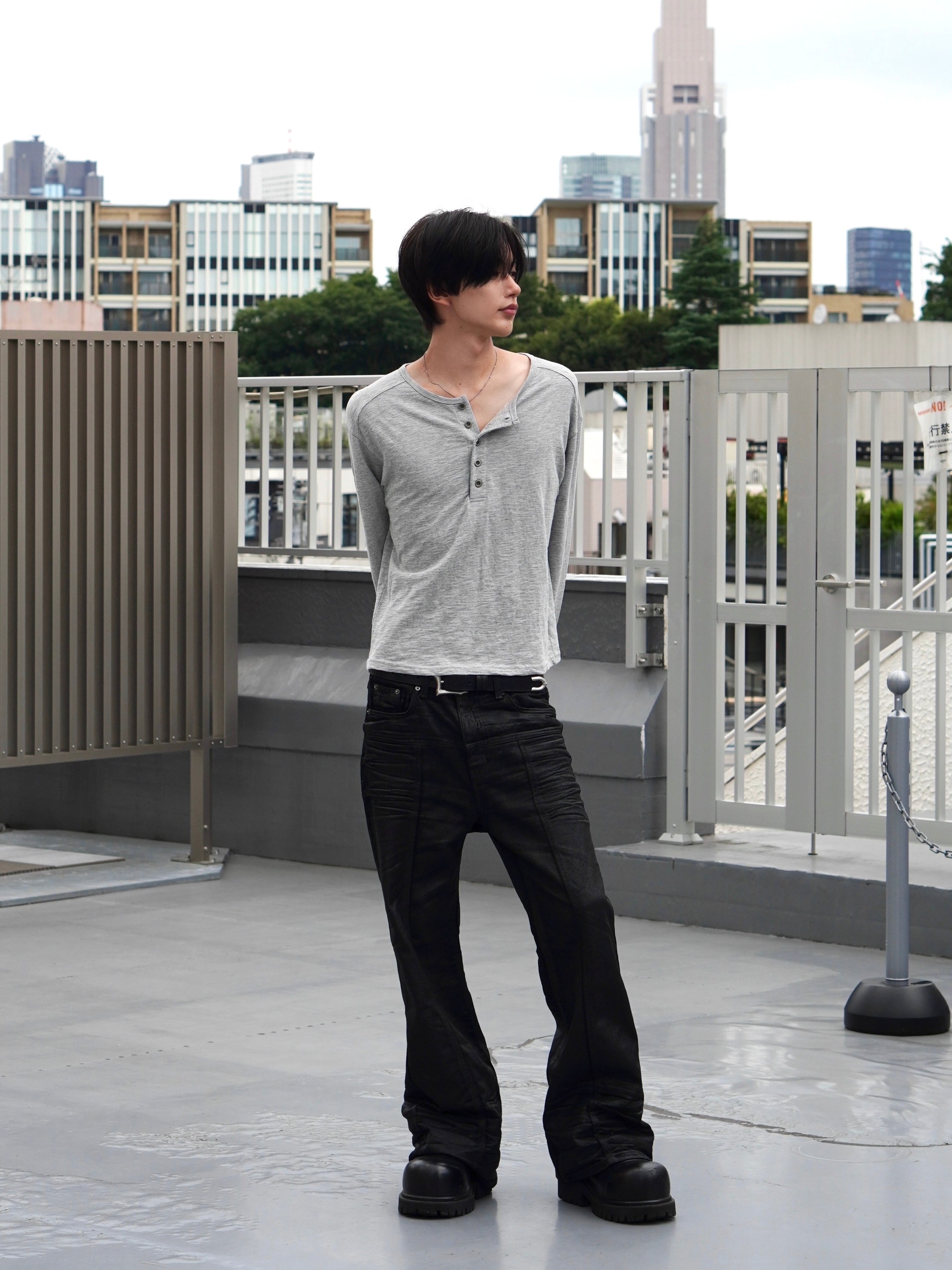 【CHIKASHITSU PLUS HIGH】Steel button henley neck tee (3color)