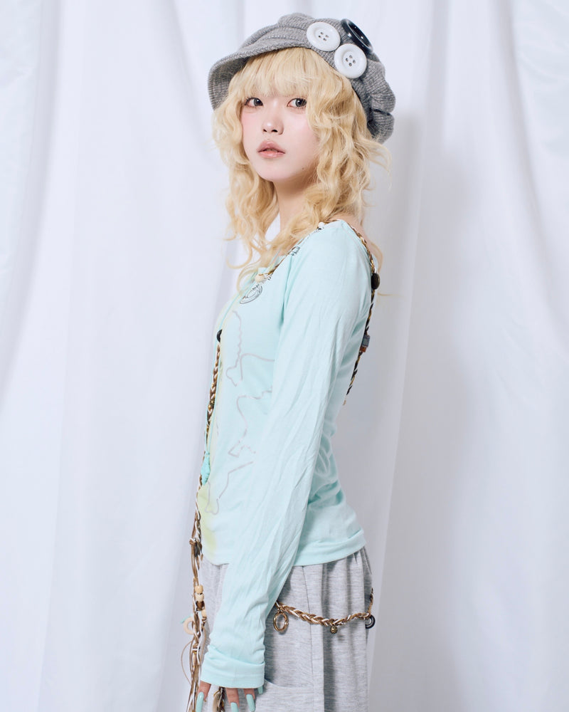 9/18 20:00 発売
国際配送【Nerd out XU】Off Shoulder Angel Print Long Sleeve Tee