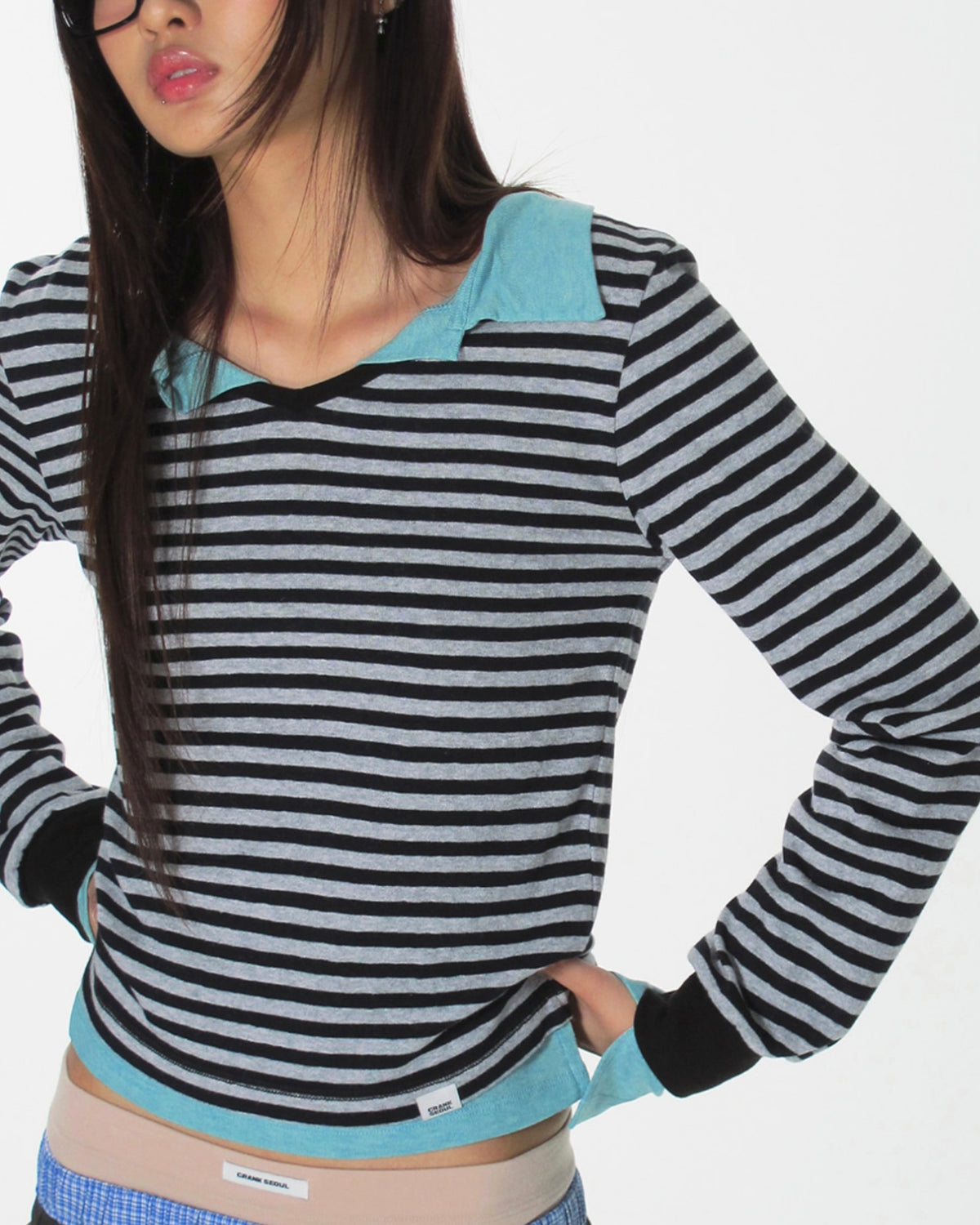 【CRANK】COZY STRIPE V-NECK TOP