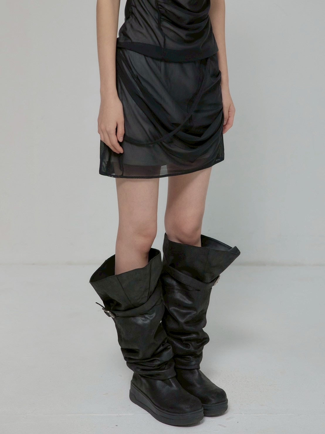 6/22 21:00発売【FLAREUP】Draped Mesh Layered Mini Skirt