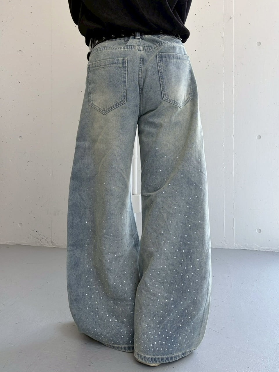 国際配送【LUV CODE】rhinestone wide denim pants (2color)
