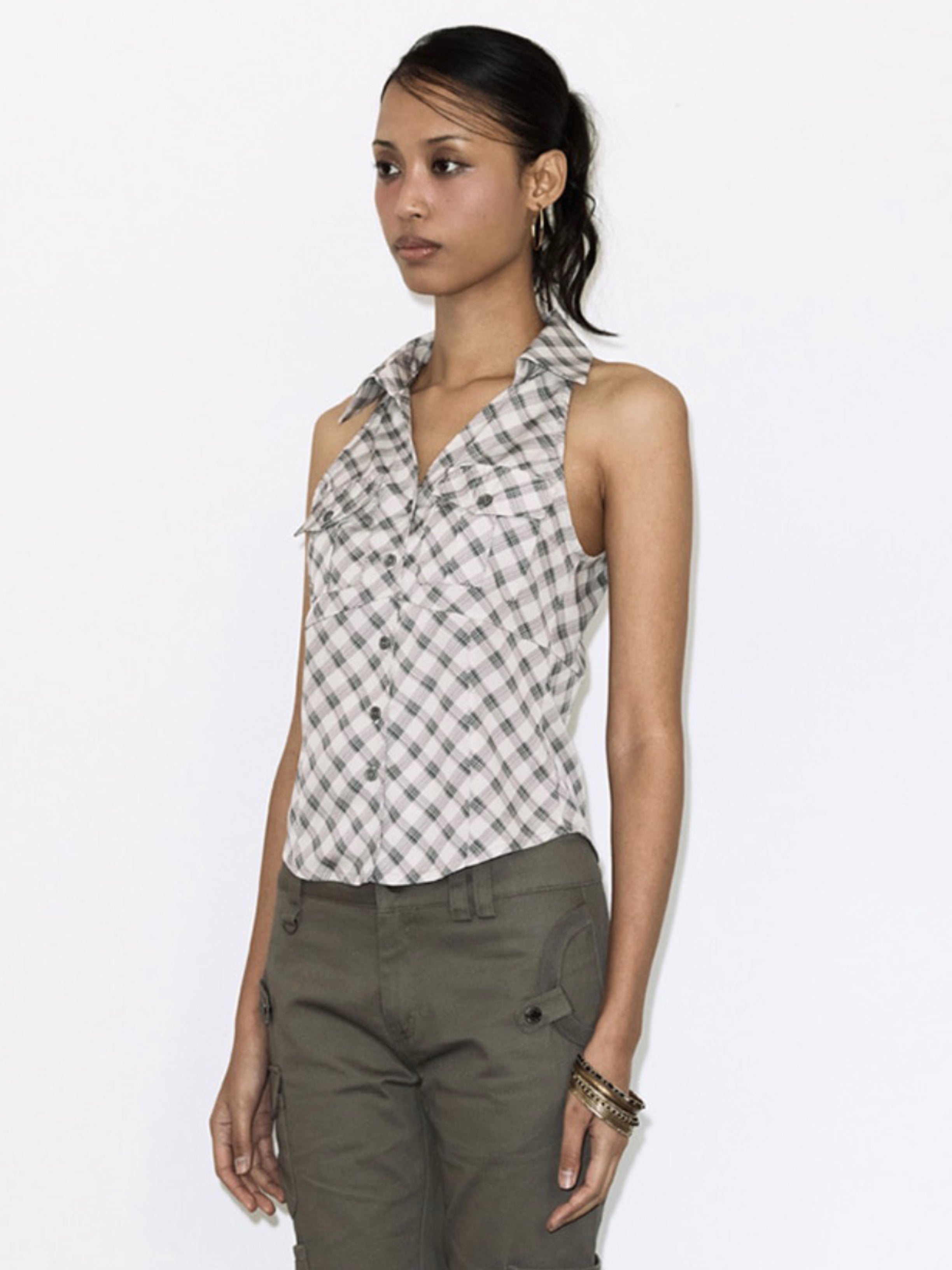 【FANCY CLUB】POCKET CHECK HALTERNECK TOP