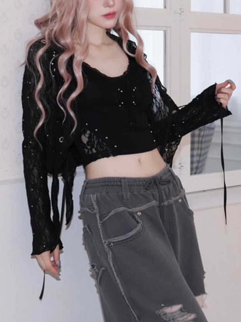 【CHERRYQUIRI】cross patch lace sleeveless