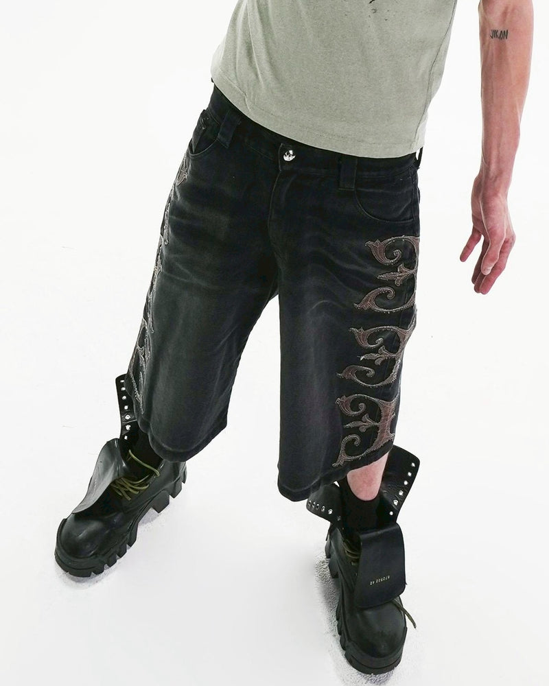 【E RIN AI E】WHISKER LEATHER EMBRO E DENIM BERMUDA PANTS