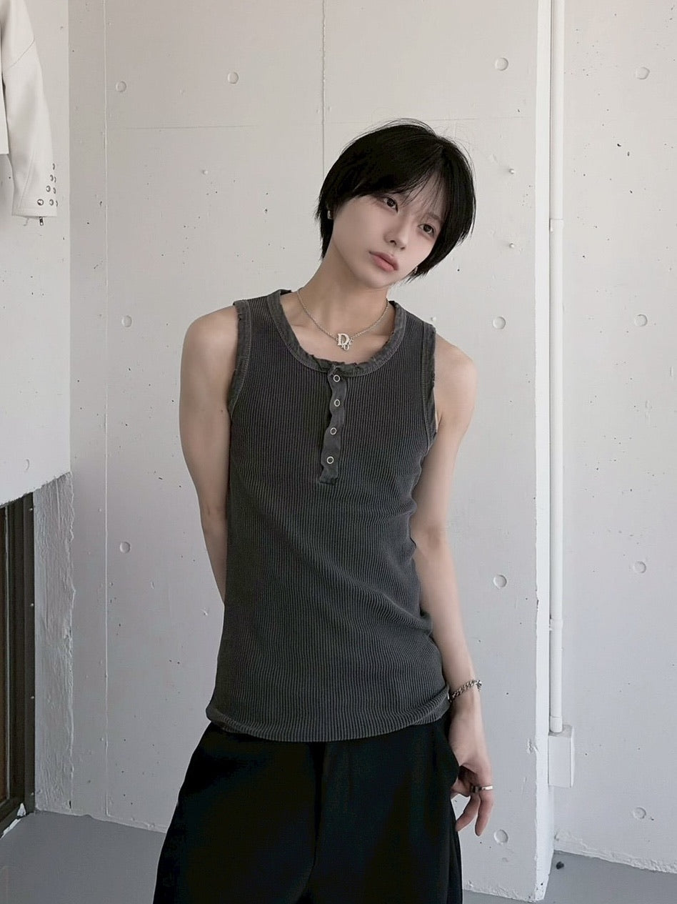 受注制【LUV CODE】pigment rib henley neck sleevesless (3color)