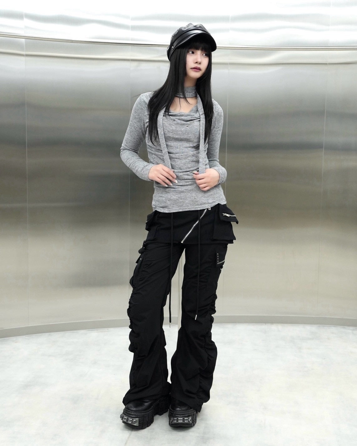 受注制【Never mind the XU】Draped ruched tie set top (4color)