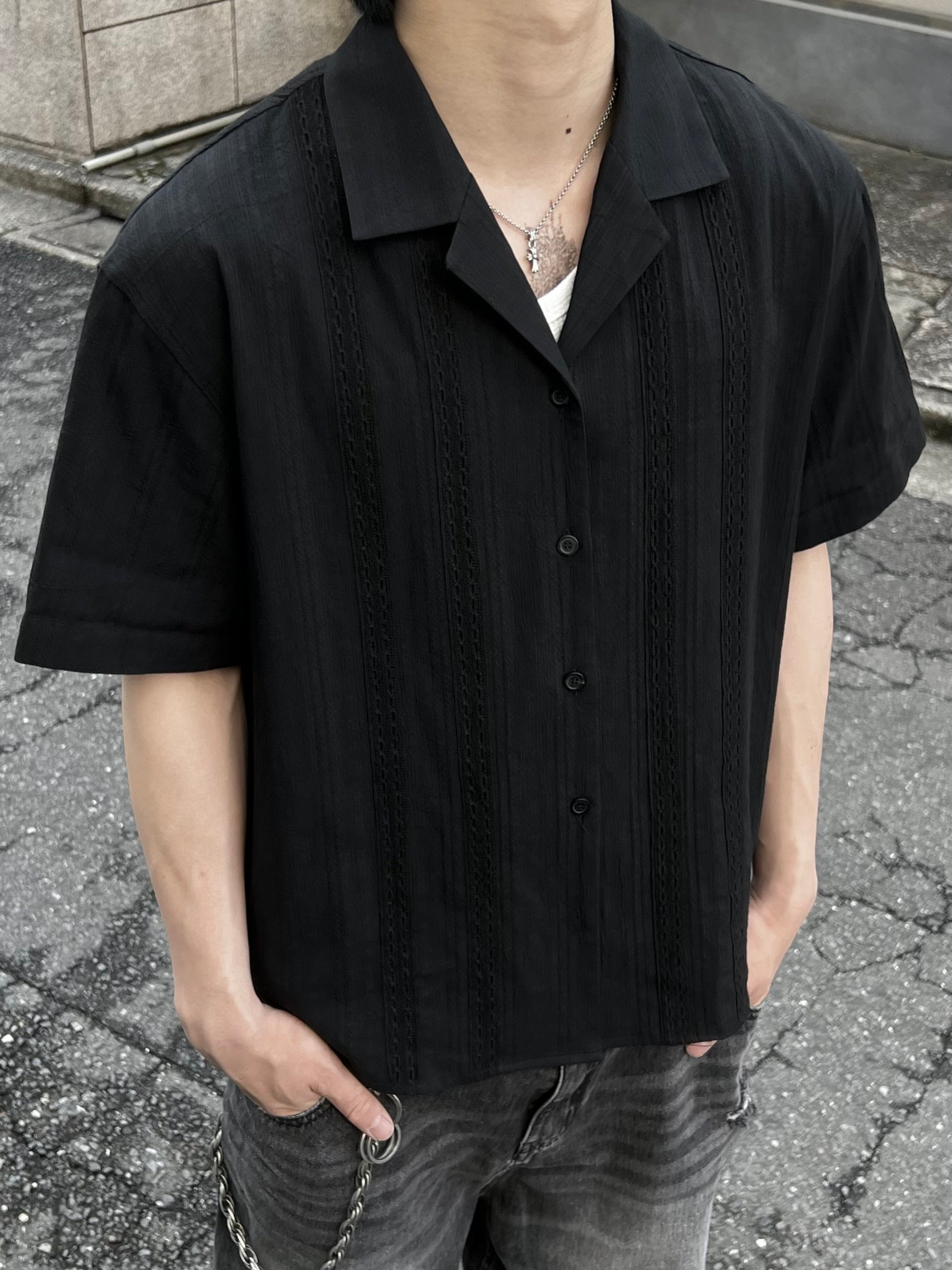 大阪店WEB限定受注制【Chikashitsu +】perforated open collar shirt (2color)
