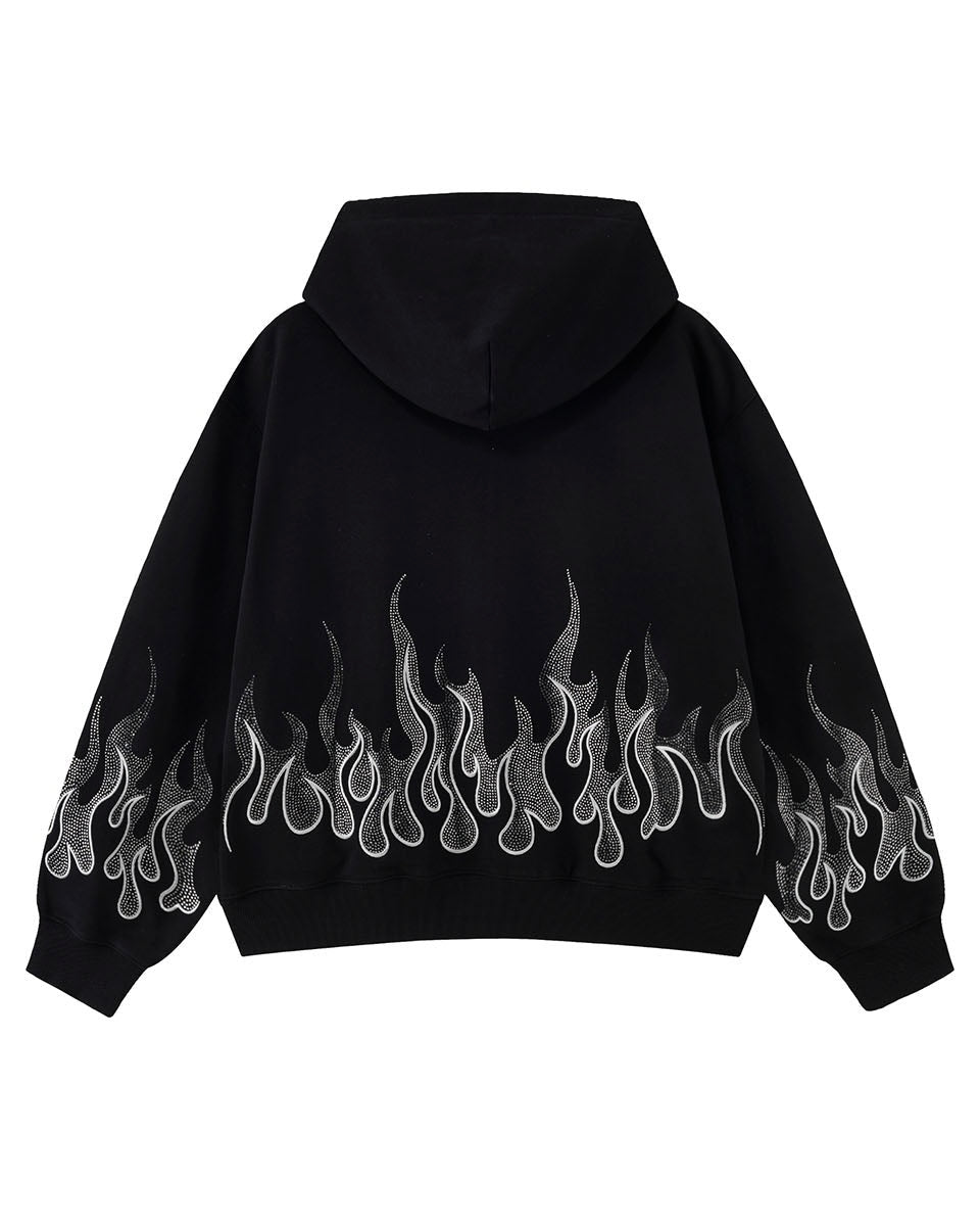【SUPPLIER】Fire Pattern Rhinestone Zip Hoodie