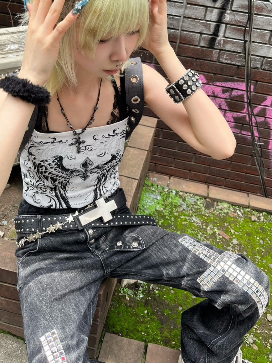 7/11 20:00発売　国際配送【BABY09】cross studs flare denim pants