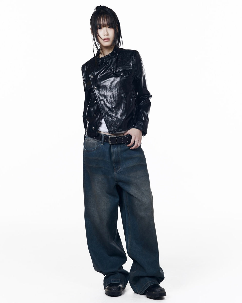 【AAKAM】Slant Studded Leather Jacket