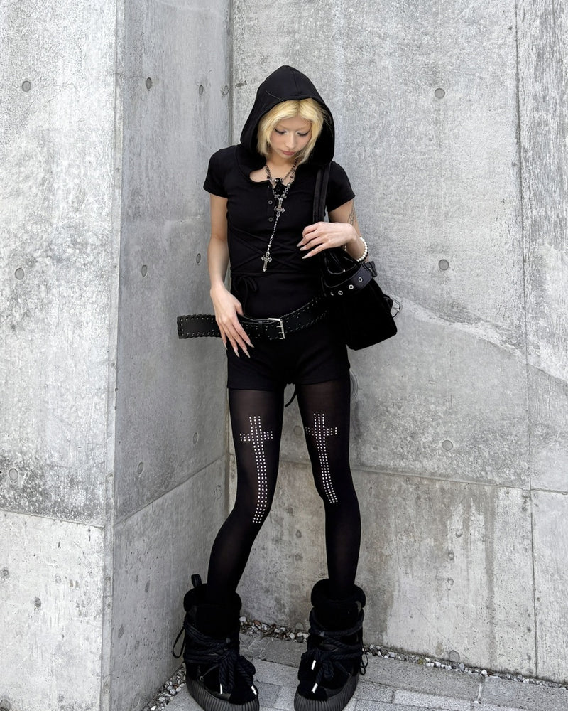 国際配送【Never mind the XU】Cross rhinestone tights