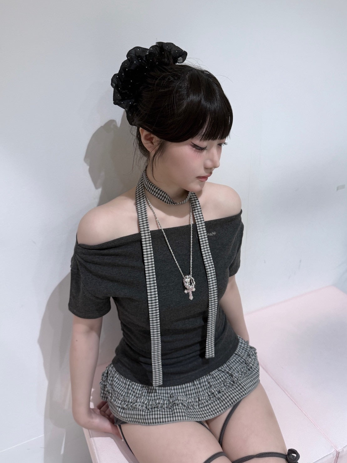 受注制【nmtc+】Check Frill Layered Tee Scarf Set (2color)