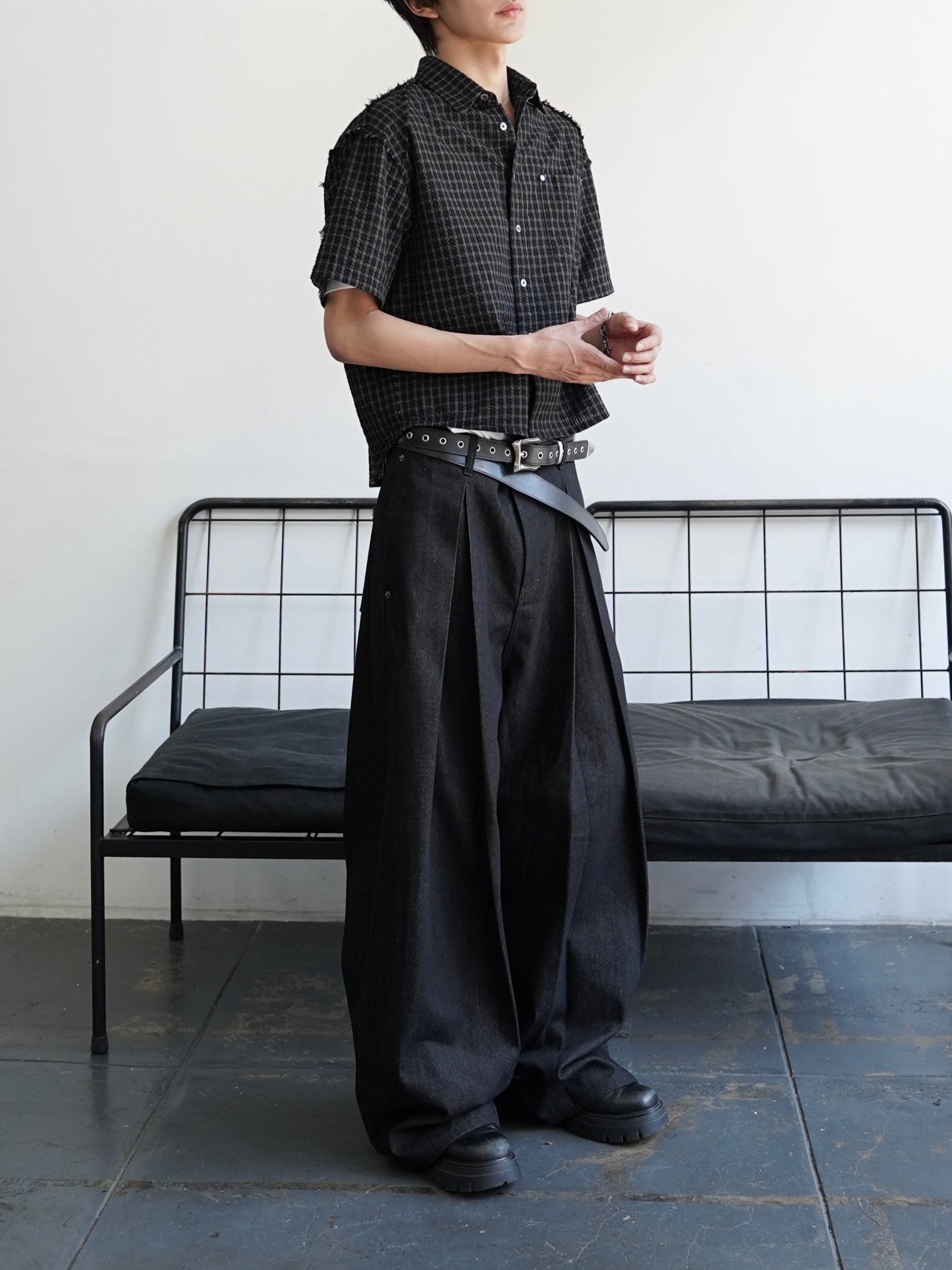 完売品 Chikashitsu+ high check shirt CHIKASHITSU PLUS HIGH】Raw edge seersucker check shirt – PRESSING