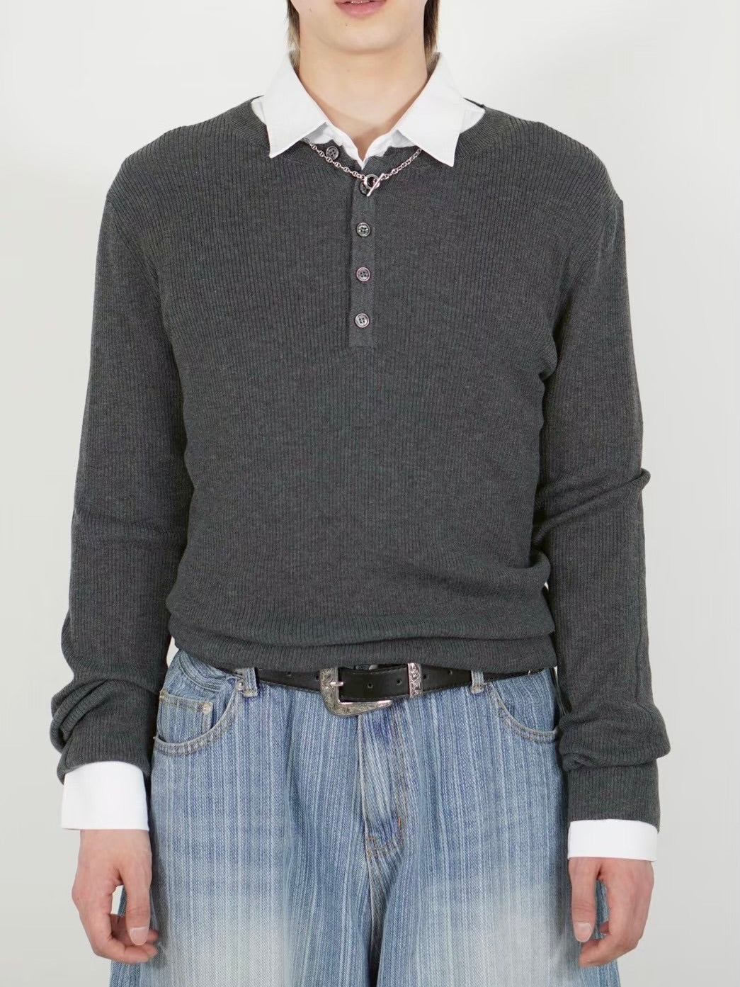 【Chikashitsu +】henley neck long sleeve knit (4color)