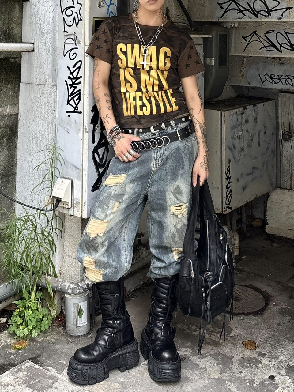 【Never mind the XU】paint damage denim pants (2color)