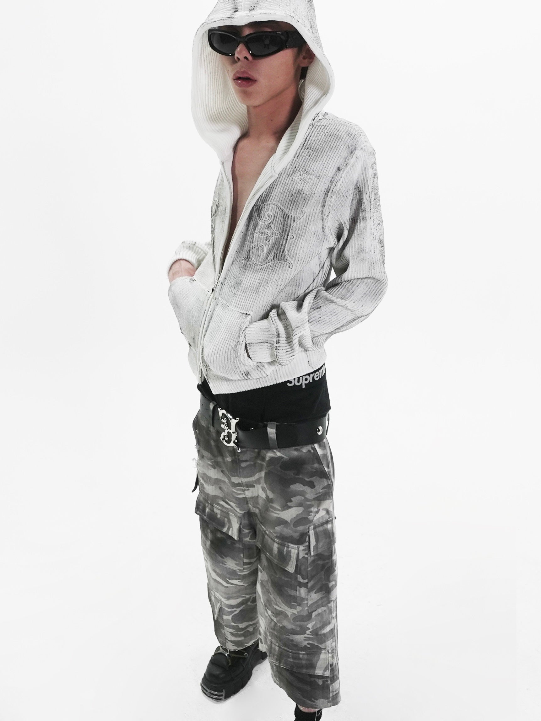 【E RIN AI E】GEMINI ASH KNIT HOODIE ZIP UP