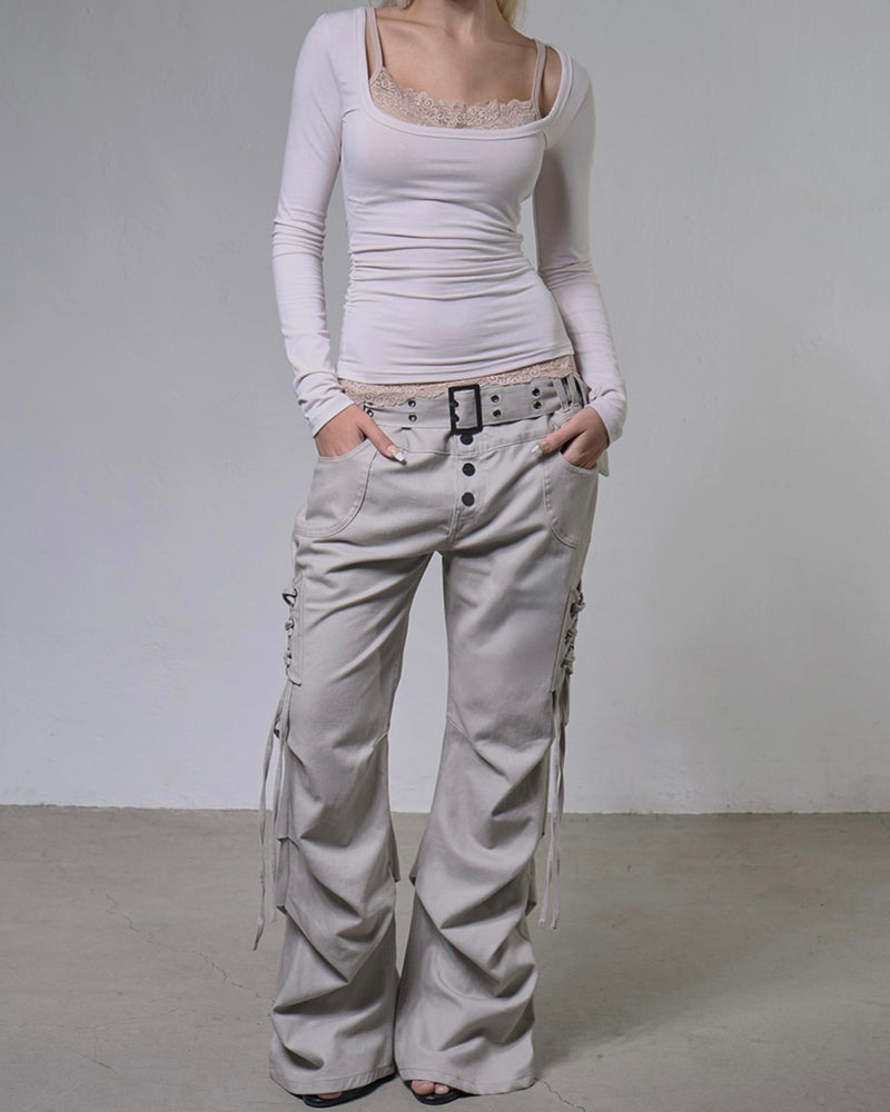 【FANCY CLUB】BELTED FLARE SHIRRING PANTS