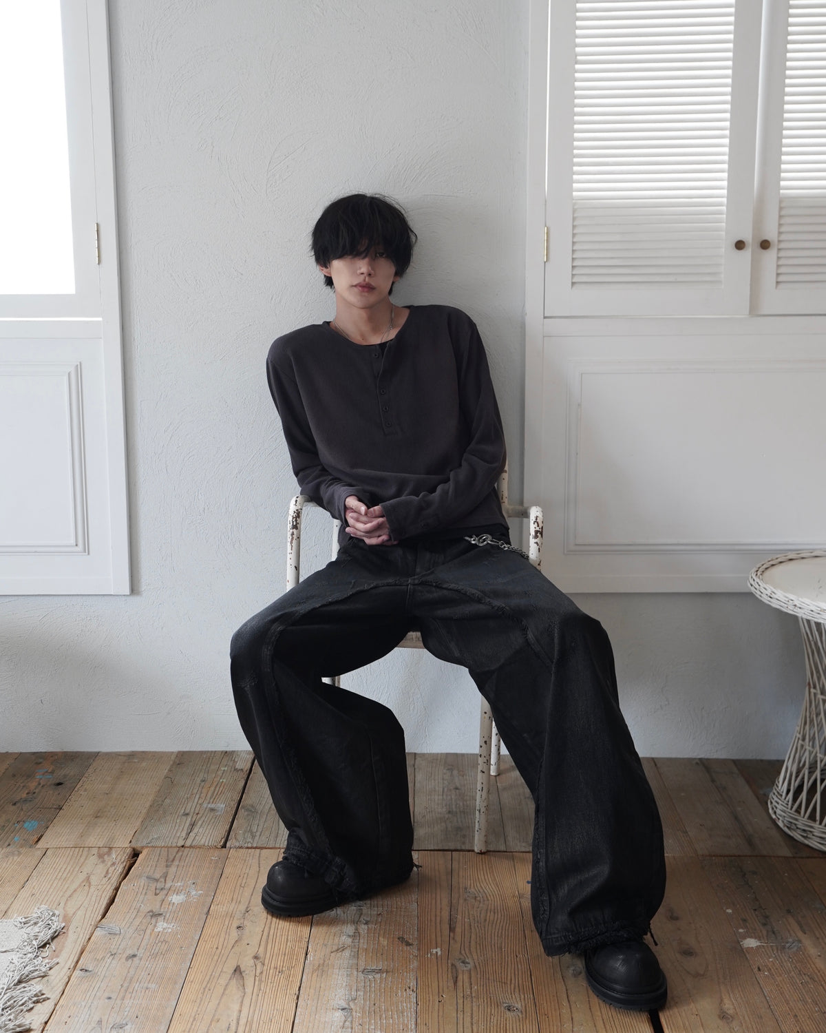 【CHIKASHITSU PLUS HIGH】Rust waffle layered henley neck tee(2color)