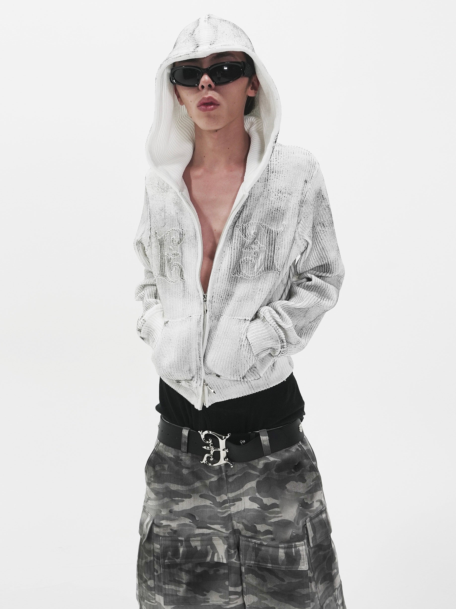 【E RIN AI E】GEMINI ASH KNIT HOODIE ZIP UP