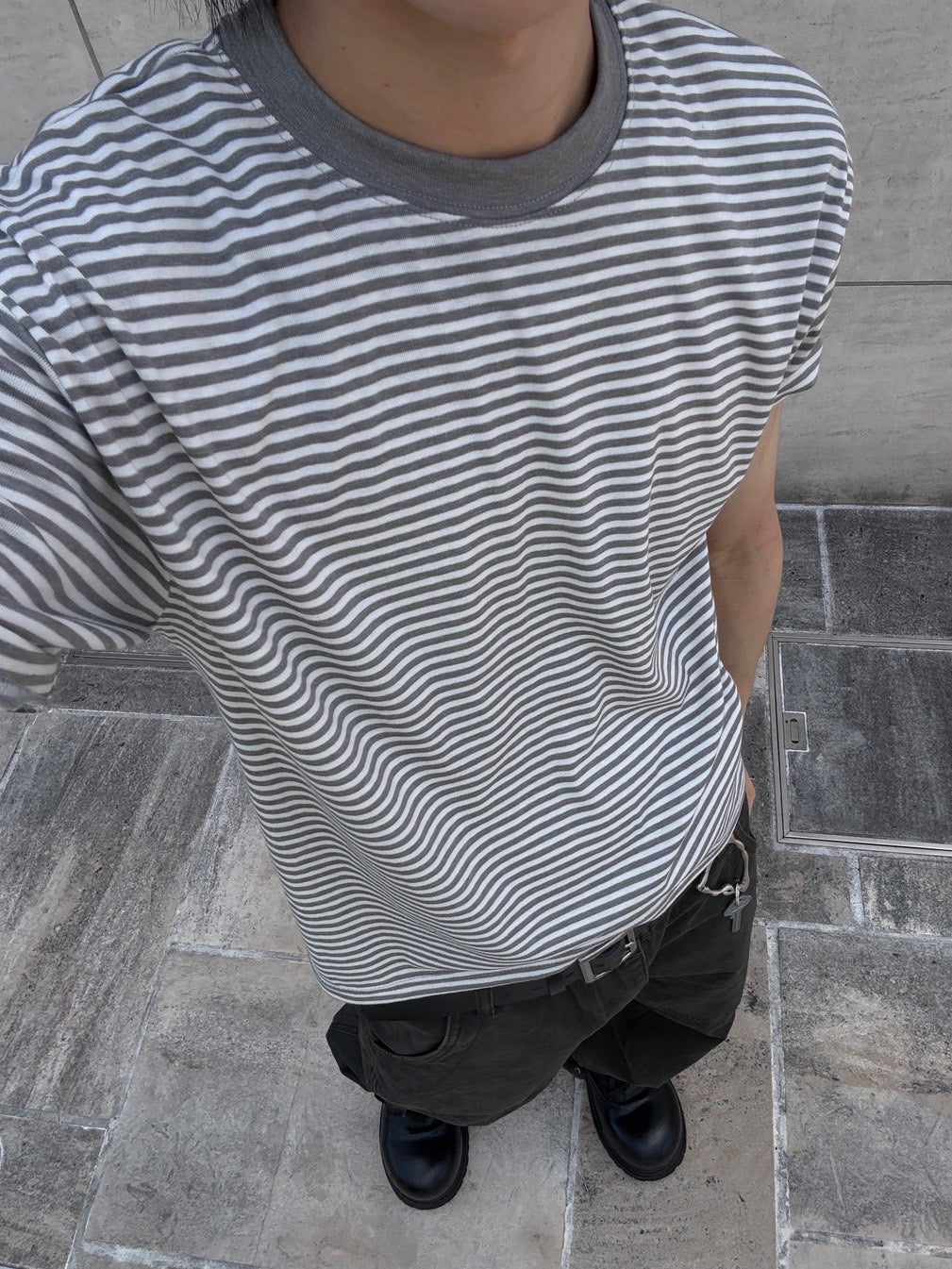 7/4 20:00発売 受注制【nmtc +】Stripe Contrast Semi Crop Tee (2color)