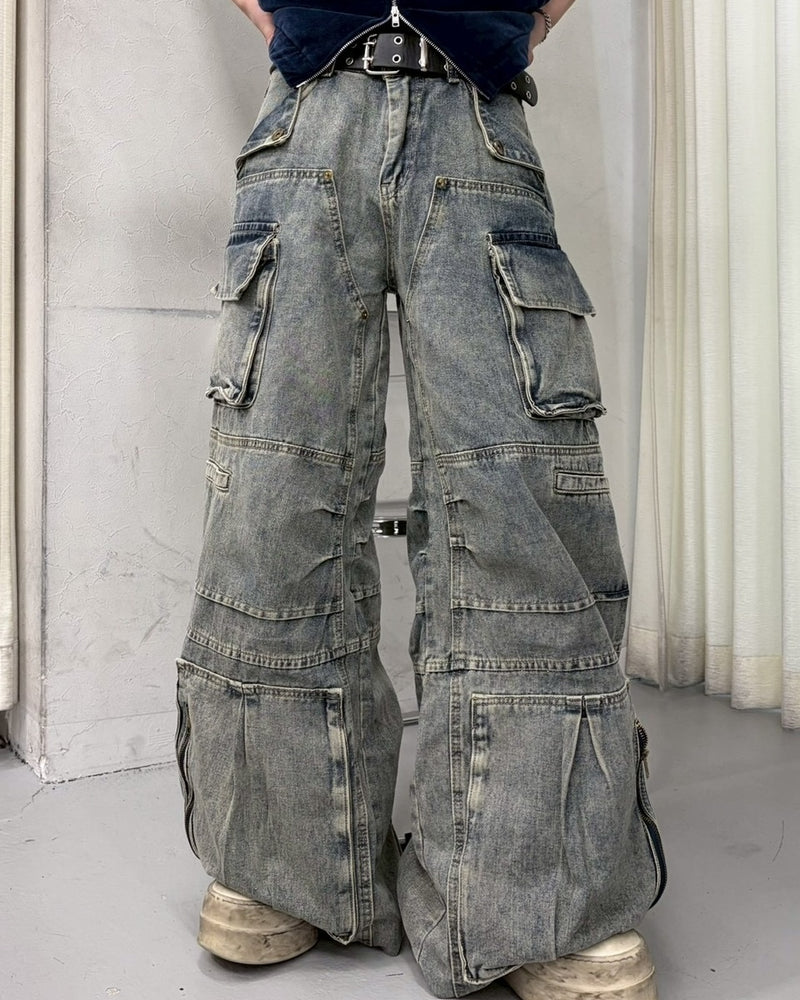 【LUV CODE】multi pocket denim cargo pants (2color)