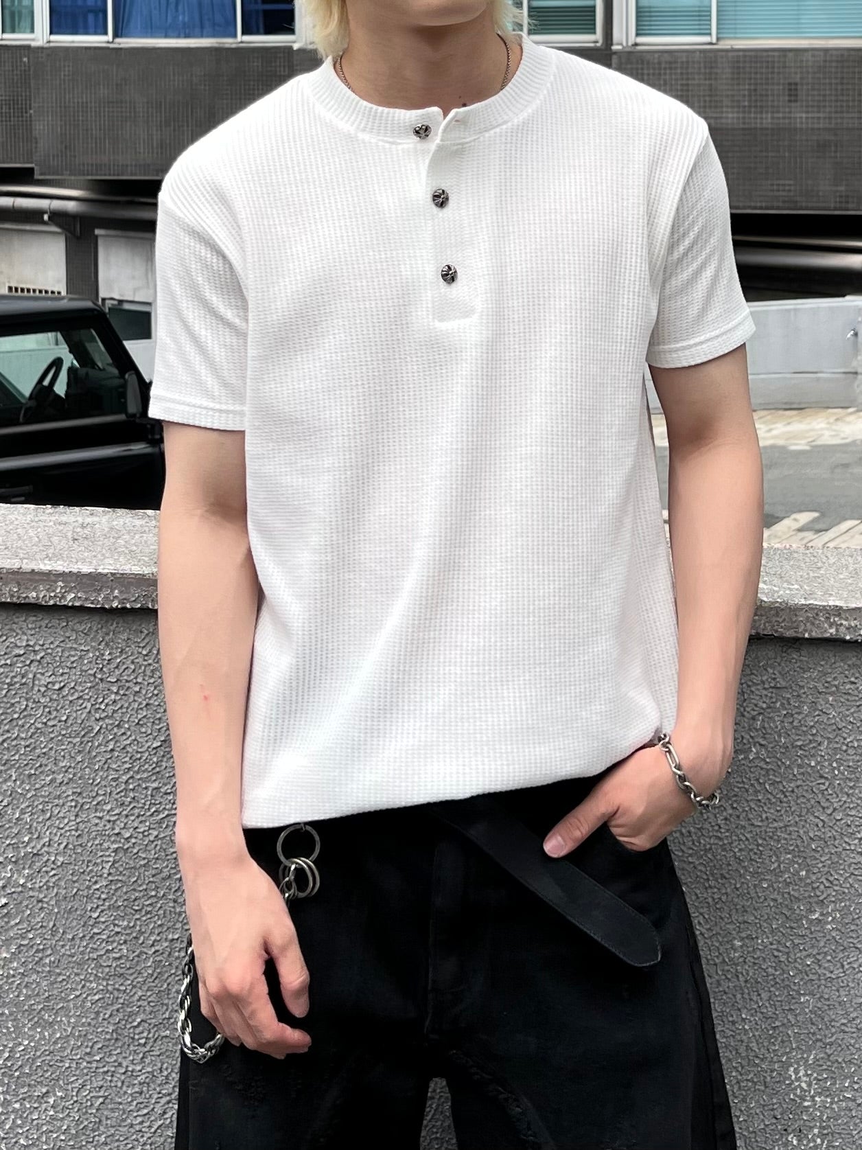 大阪店WEB限定受注制【Chikashitsu + 】button point henley neck t-shirt (3color)