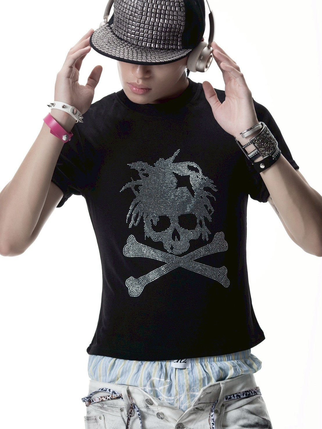 【CH2】MOREFLEX RHINESTONE SKULL TSHIRT