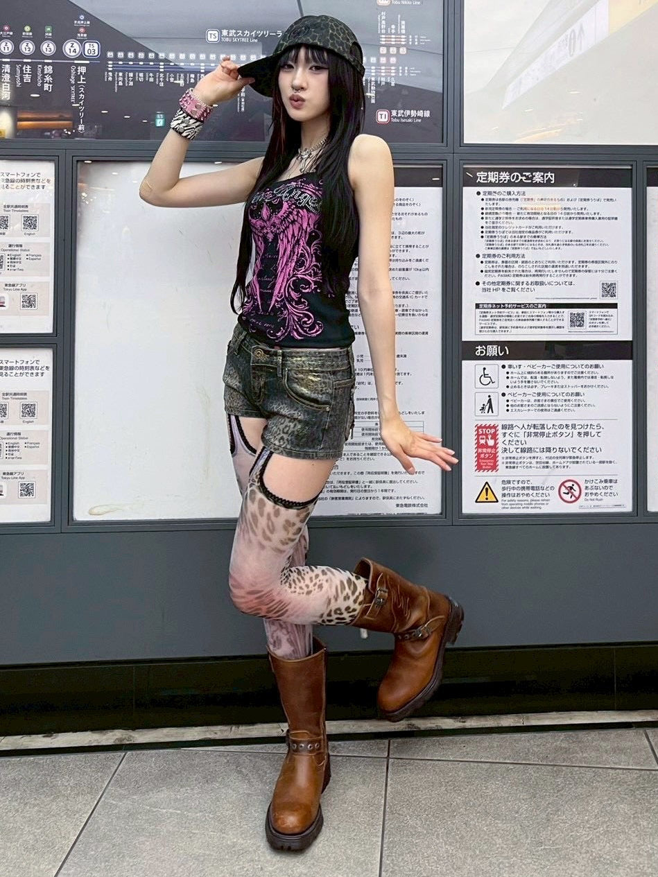 7/11 20:00発売　国際配送【BABY09】leopard back zip denim shorts