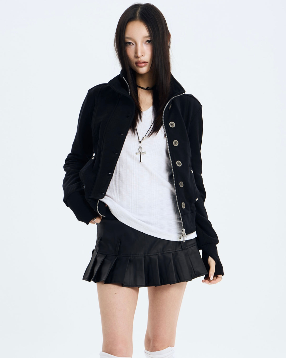 【NOT KNOWING】Button High Neck Zip Up