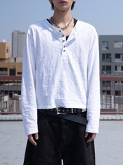 5/23 20:00発売【CHIKASHITSU PLUS HIGH】Steel button henley neck tee (2color)