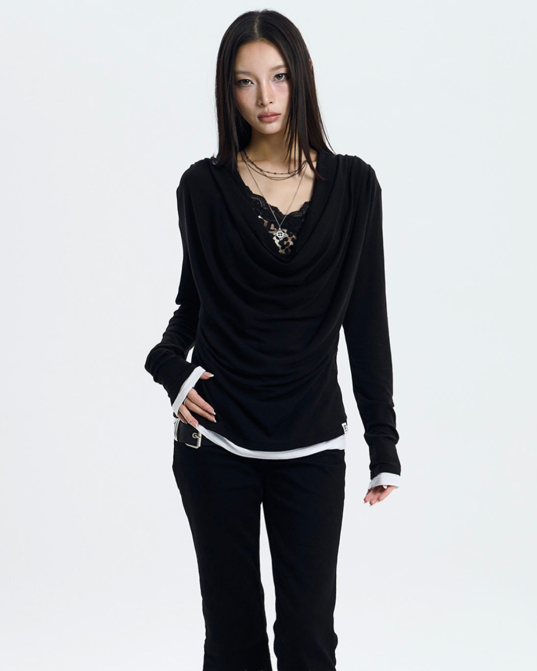 【NOT KNOWING】Deep Cowl Layered Top