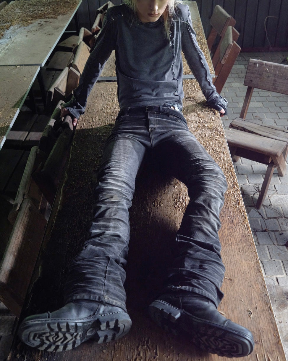 【LECYTO】Glitch Washed Curved Denim Pants