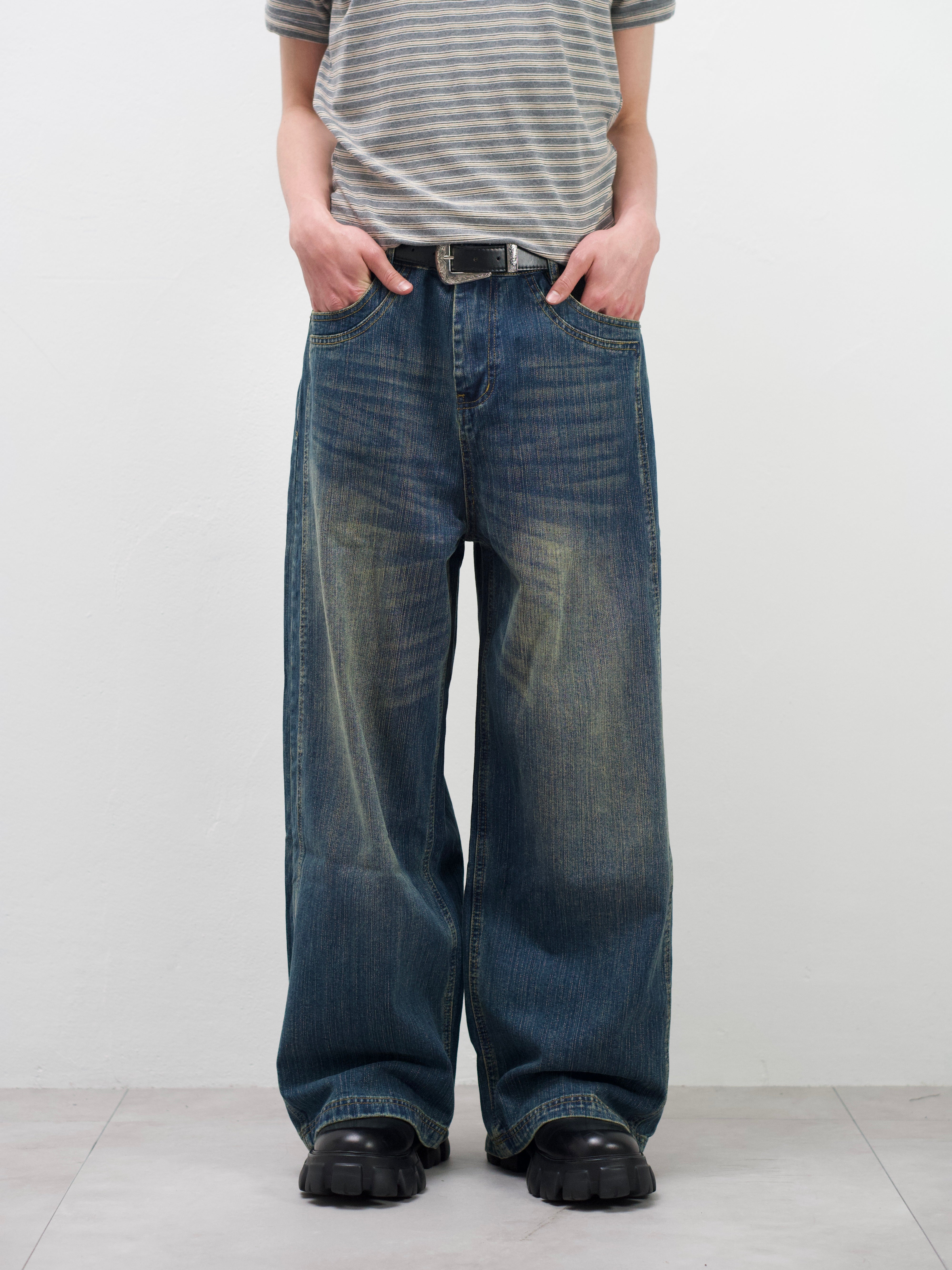 受注制【Chikashitsu +】double slub wide denim pants