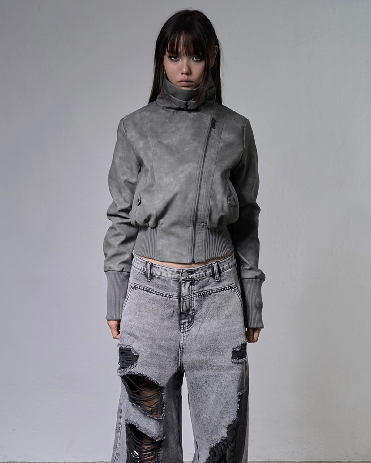 【FANCY CLUB】HIGH-NECK RIBBED LEATHER JACKET