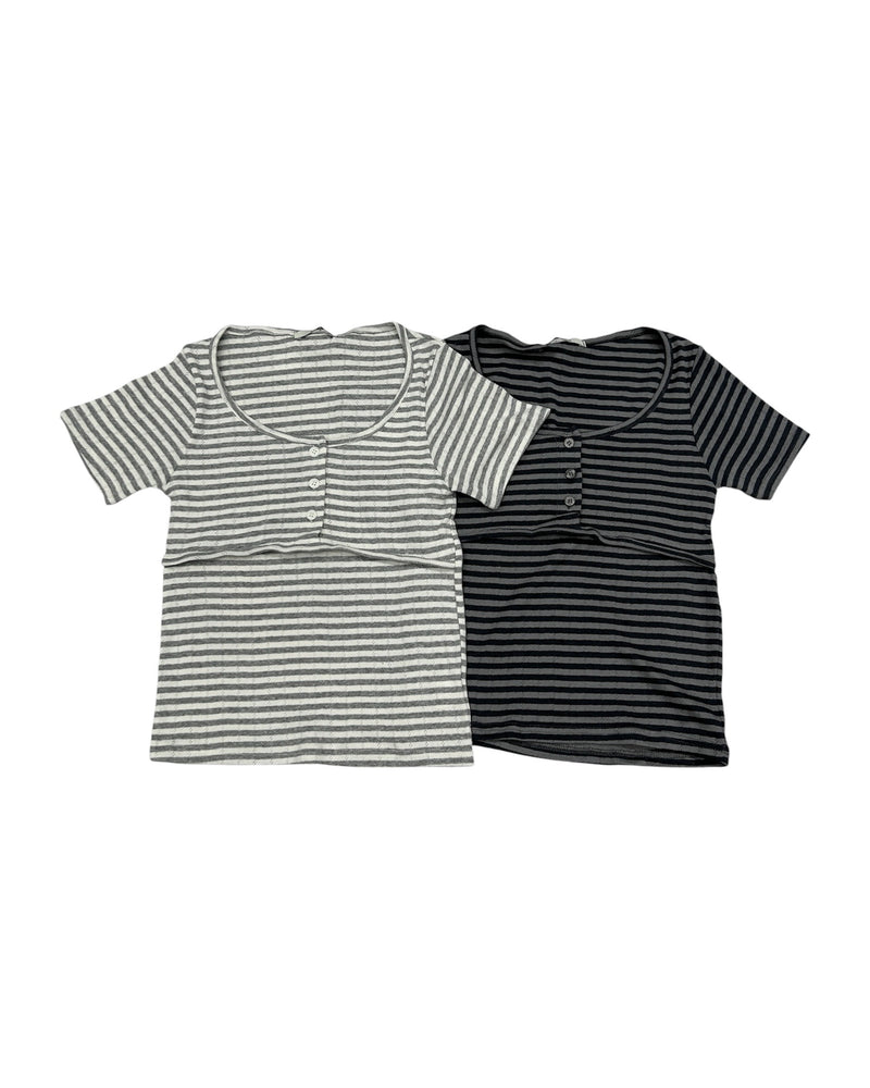 受注制【nmtc+】Stripe U-Neck Button Tee (2color)