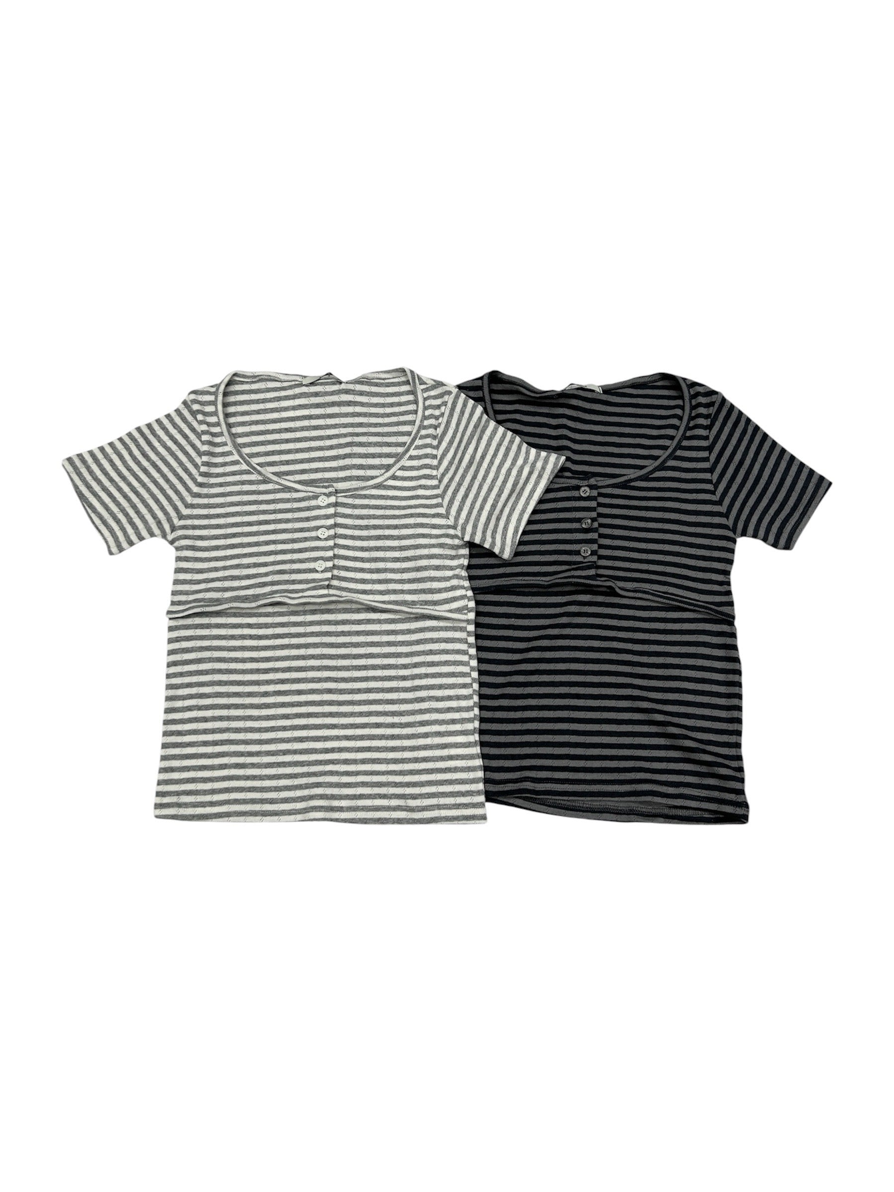 7/4 20:00発売 受注制【nmtc+】Stripe U-Neck Button Tee (2color)