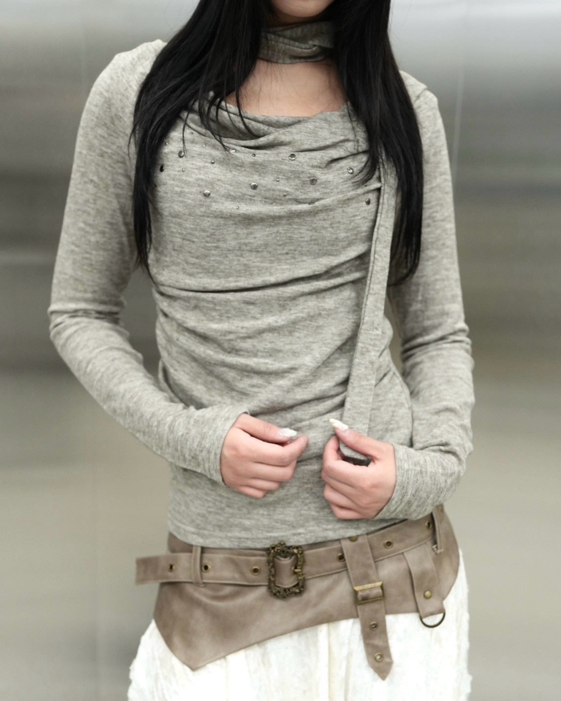 受注制【Never mind the XU】Draped ruched tie set top (4color)